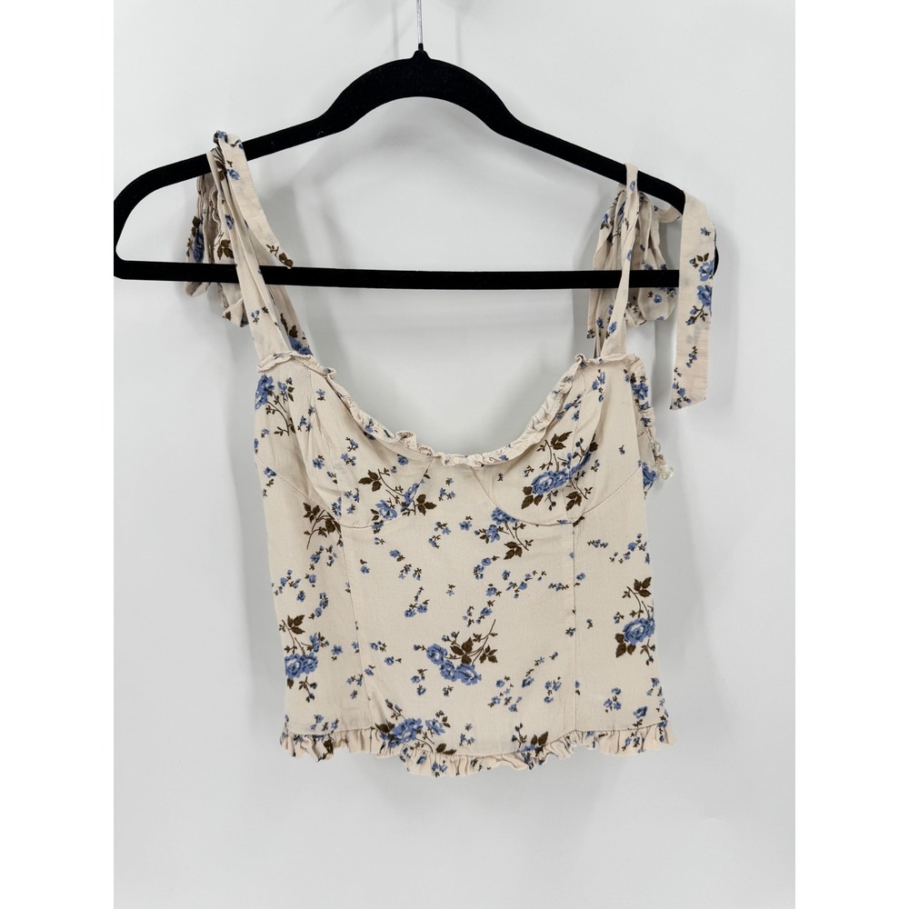 ASTR The Label Floral Cami Top Women Size S Cream Blue Tie Strap Smocked AT17240
